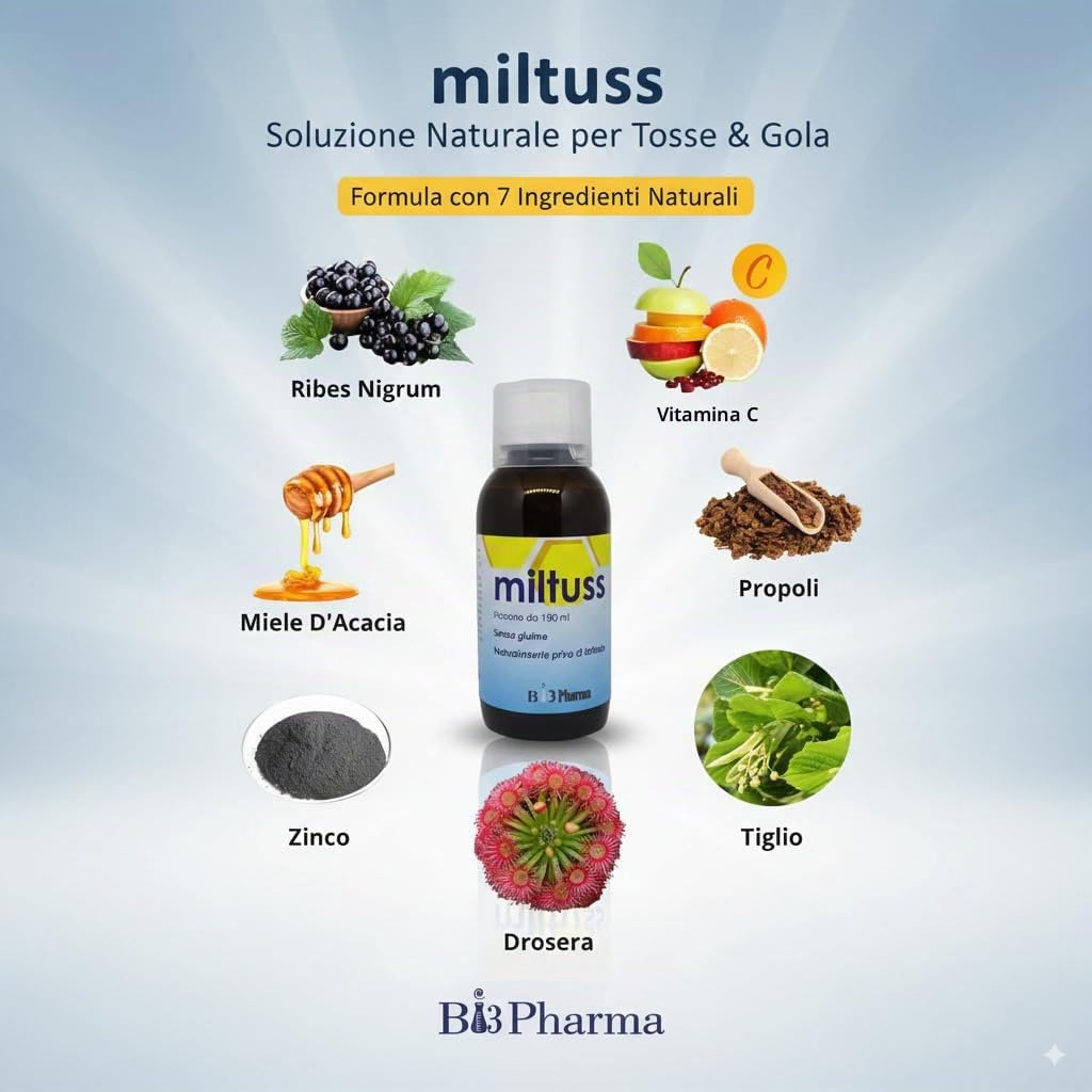 Sciroppo Naturale per Tosse e Mal di Gola - Miltuss - benefici immediatamente visibili - con propoli miele drosera tiglio estratto di edera e ribes nero
