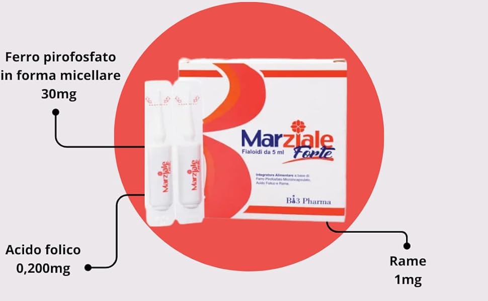 Carenza di Ferro - MARZIALE FORTE integratore di ferro microincapsulato micellare liquido con acido Folico e Rame - Senza retrogusti - nessun disturbo gastrico